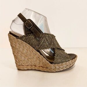 Stuart Weitzman Brown Cross Over Woven Raffia Espadrille Wedge Sandals